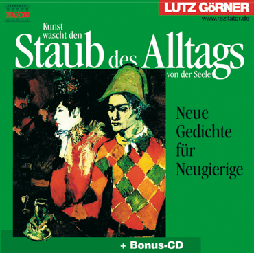 CD-Cover eines Buches mit dem Titel "Staub des Alltags", zeigt ein buntes Gem&auml;lde von zwei Personen in Kost&uuml;men auf gr&uuml;nem Hintergrund.