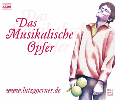 CD-Cover mit Illustration von Lutz G&ouml;rner mit geschlossenen Augen, der zwei gelbe Kugeln h&auml;lt, daneben der Text "Das Musikalische Opfer" und eine Website-Adresse.